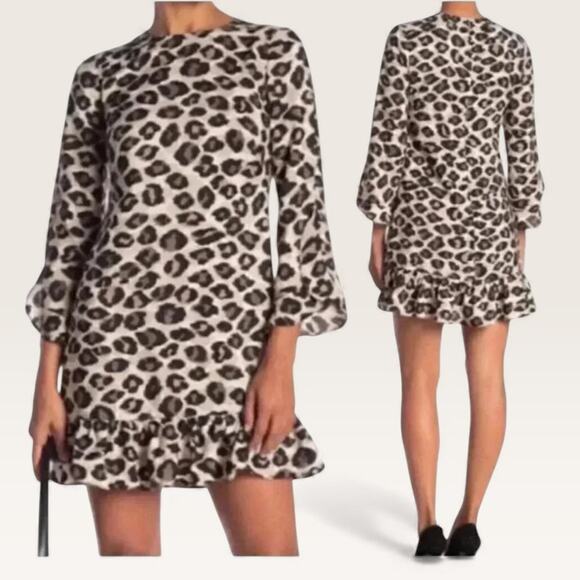 Eliza J. Cheetah Leopard Print Ruffle Cuff/Hem Mini Shift Dress - Size 8 - Picture 2 of 15
